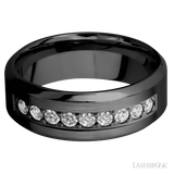 8 mm wide/High Bevel/Zirconium band with an  arrangement of 9, .05 carat Round Diamond stones in a Bead setting.