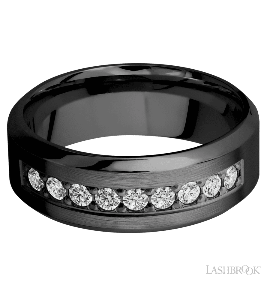 8 mm wide/High Bevel/Zirconium band with an  arrangement of 9, .05 carat Round Diamond stones in a Bead setting.