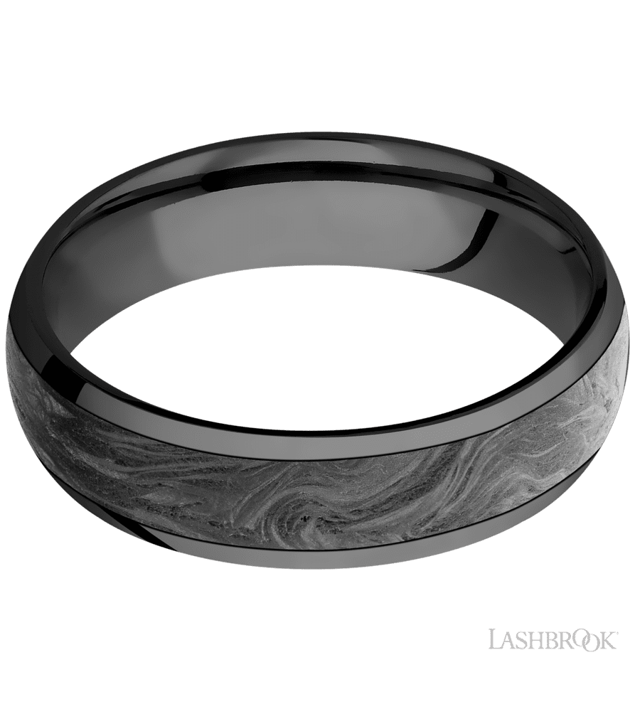 6 mm wide/Domed/Zirconium band with one 4 mm Centered inlay of Forged Carbon Fiber.
