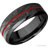 8 mm wide/High Bevel/Zirconium band featuring inlays of Forged Carbon Fiber and Red Apple.
