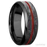 8 mm wide/High Bevel/Zirconium band featuring inlays of Forged Carbon Fiber and Red Apple.