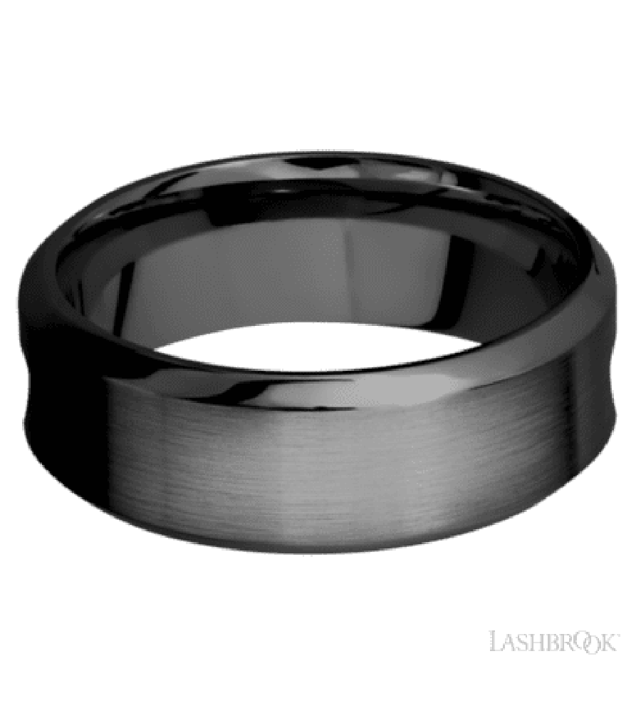 8 mm wide/High Bevel/Zirconium band featuring inlays of Forged Carbon Fiber and Red Apple.