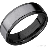 7 mm wide/Flat Grooved Edges/Zirconium band with one 5 mm Raised Centered inlay of Tantalum.
