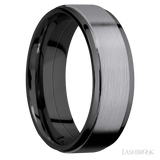 7 mm wide/Flat Grooved Edges/Zirconium band with one 5 mm Raised Centered inlay of Tantalum.
