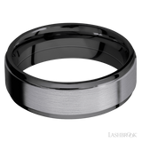 7 mm wide/Flat Grooved Edges/Zirconium band with one 5 mm Raised Centered inlay of Tantalum.