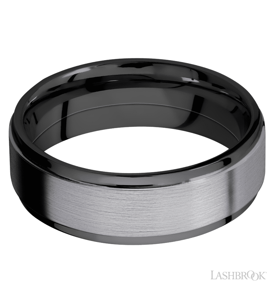 7 mm wide/Flat Grooved Edges/Zirconium band with one 5 mm Raised Centered inlay of Tantalum.