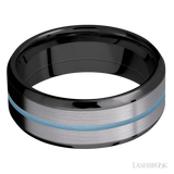 8 mm wide/Beveled/Zirconium band featuring inlays of Tantalum and Polar Blue.