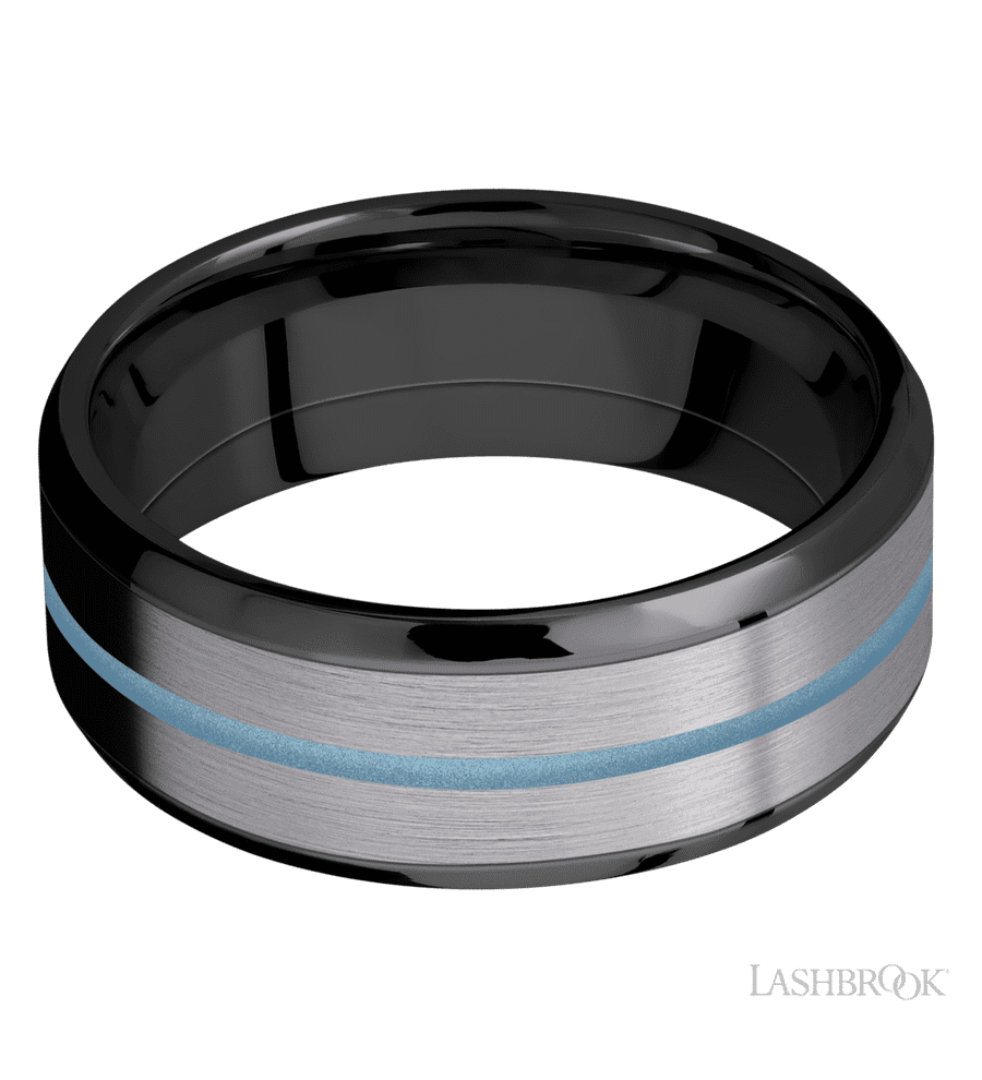 8 mm wide/Beveled/Zirconium band featuring inlays of Tantalum and Polar Blue.