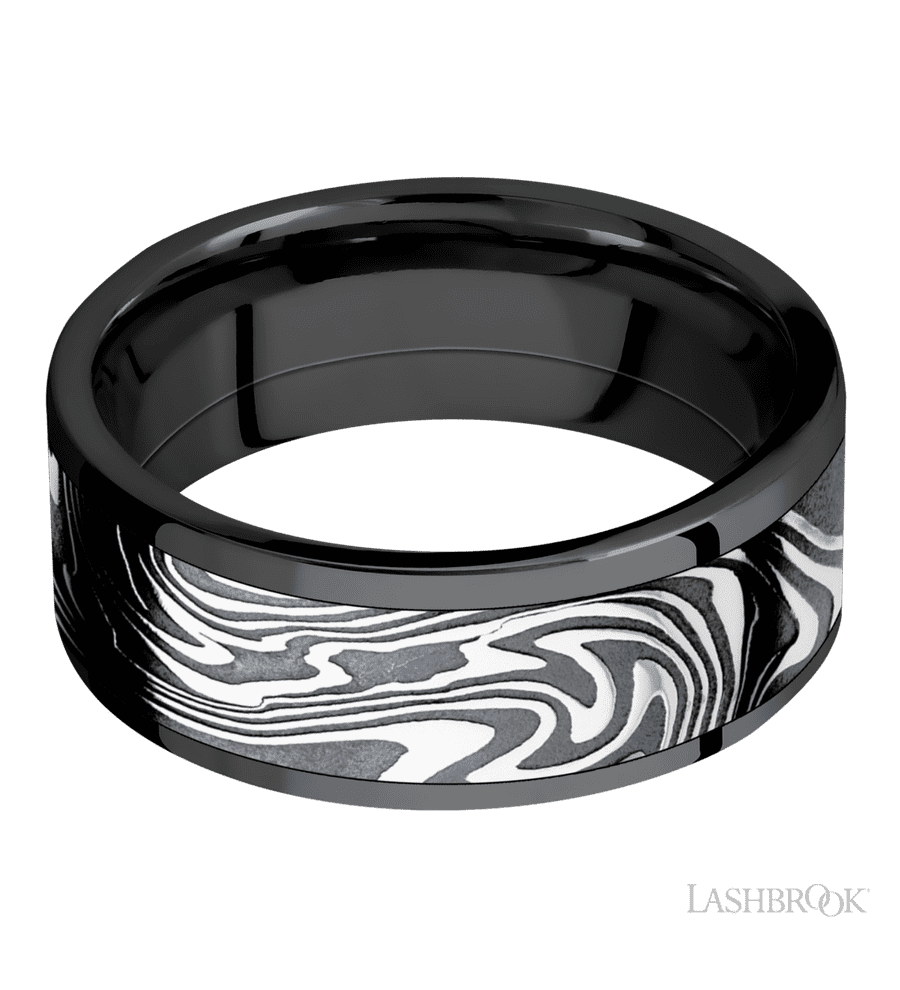 8 mm wide/Flat/Zirconium band with one 6 mm Centered inlay of Kinetic.