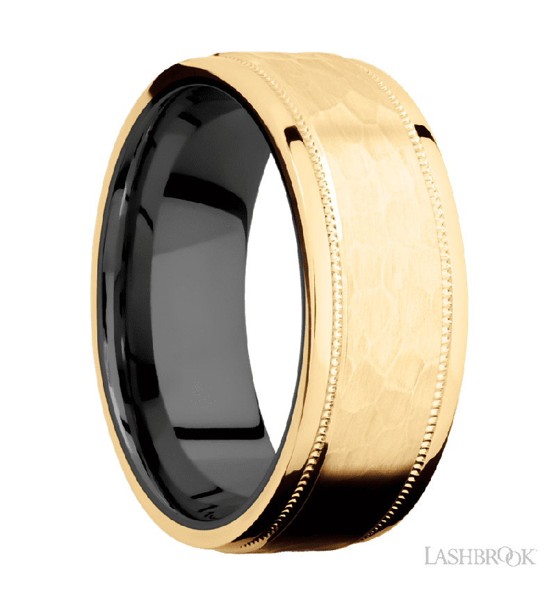 8 mm wide Flat Stepped Edges Milgrain 14K Yellow Gold band featuring a Zirconium sleeve.