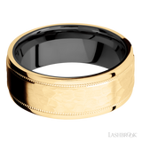 8 mm wide Flat Stepped Edges Milgrain 14K Yellow Gold band featuring a Zirconium sleeve.