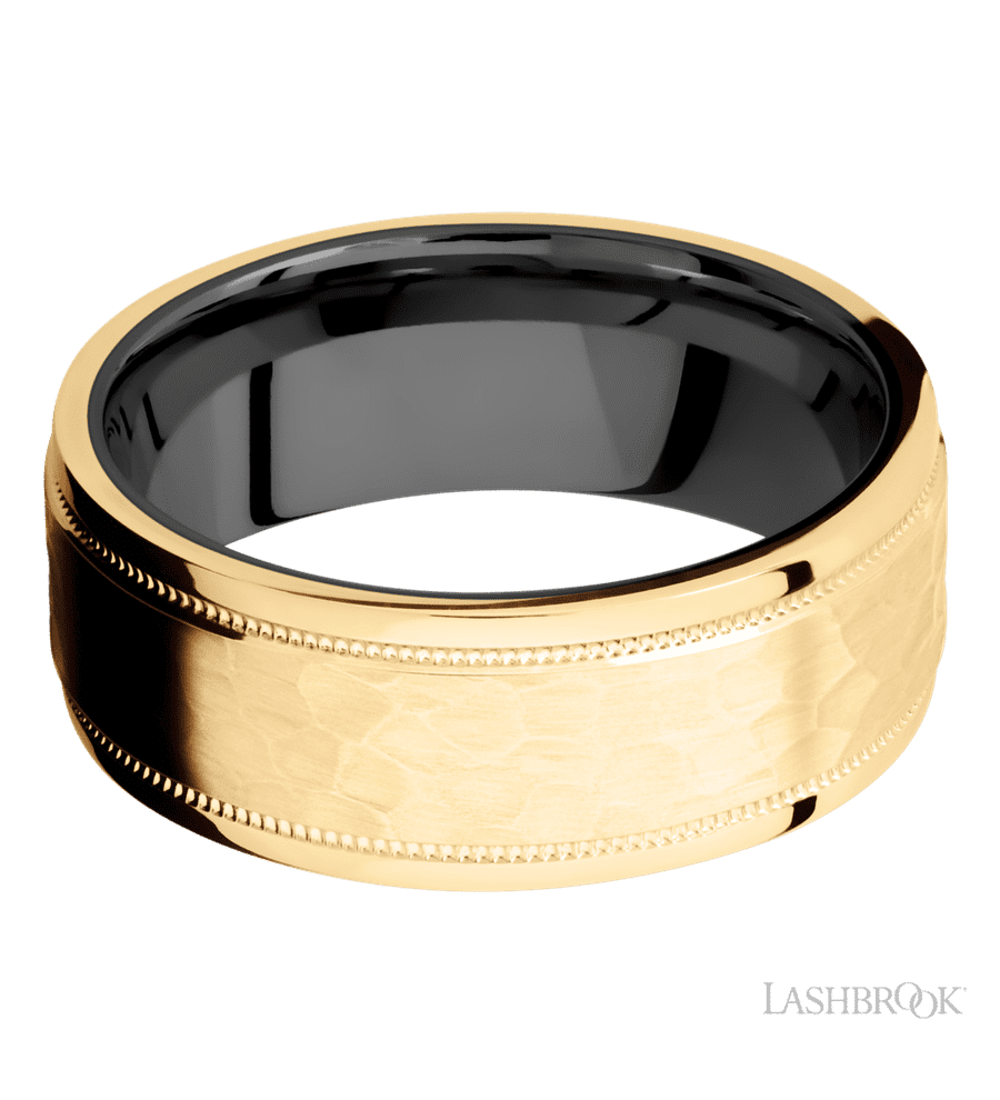 8 mm wide Flat Stepped Edges Milgrain 14K Yellow Gold band featuring a Zirconium sleeve.