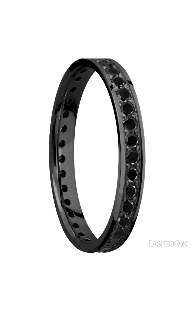 3 mm wide/Flat/Zirconium band with an Eternity arrangement of .03 carat Round Black Diamond stones in a Bead setting. - Diamonds By Rothschild
