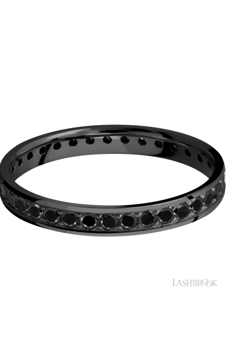 3 mm wide/Flat/Zirconium band with an Eternity arrangement of .03 carat Round Black Diamond stones in a Bead setting. - Diamonds By Rothschild
