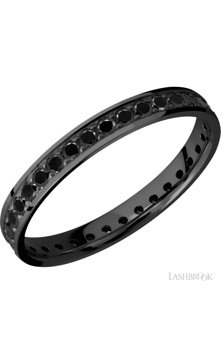 3 mm wide/Flat/Zirconium band with an Eternity arrangement of .03 carat Round Black Diamond stones in a Bead setting. - Diamonds By Rothschild