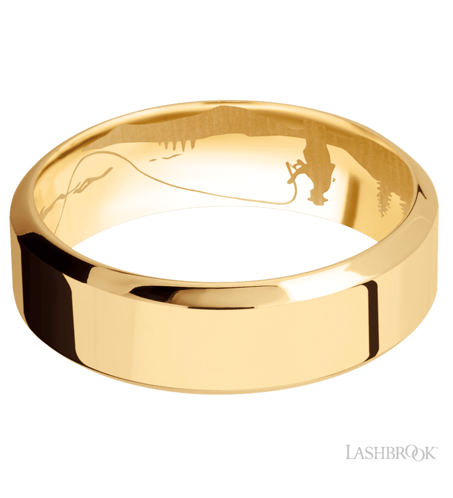 7 mm wide High Bevel 14K Yellow Gold band.