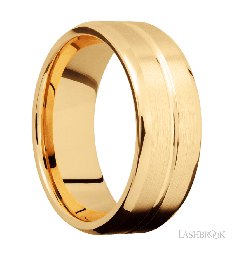8 mm wide Beveled with Center Accent Groove 14K Yellow Gold band.