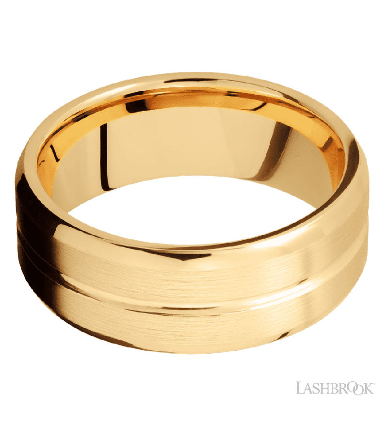 8 mm wide Beveled with Center Accent Groove 14K Yellow Gold band.