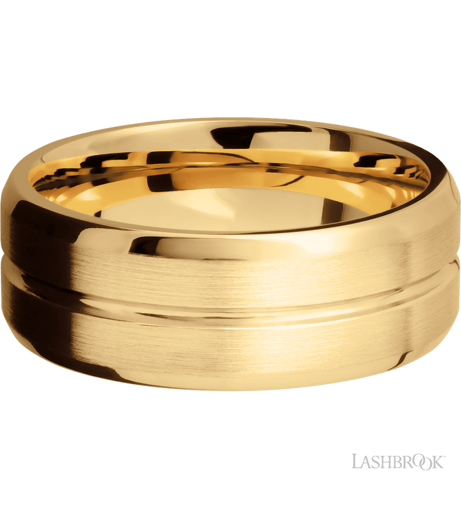 8 mm wide Beveled with Center Accent Groove 14K Yellow Gold band.