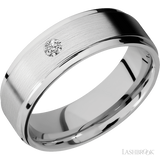 7 mm wide/Flat Grooved Edges/14K White Gold band with an  arrangement of 1, .1 carat Round Diamond stones in a Flush setting.