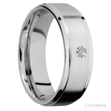 7 mm wide/Flat Grooved Edges/14K White Gold band with an  arrangement of 1, .1 carat Round Diamond stones in a Flush setting.