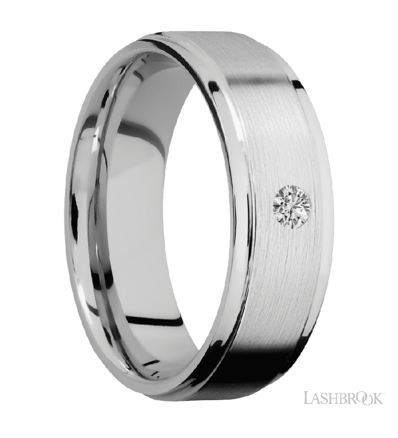 7 mm wide/Flat Grooved Edges/14K White Gold band with an  arrangement of 1, .1 carat Round Diamond stones in a Flush setting.