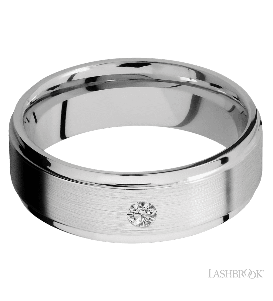7 mm wide/Flat Grooved Edges/14K White Gold band with an  arrangement of 1, .1 carat Round Diamond stones in a Flush setting.