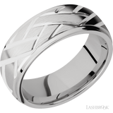 8 mm wide/Domed Stepped Down Edges/14K White Gold band with a machined Lattice pattern.