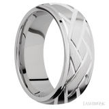 8 mm wide/Domed Stepped Down Edges/14K White Gold band with a machined Lattice pattern.