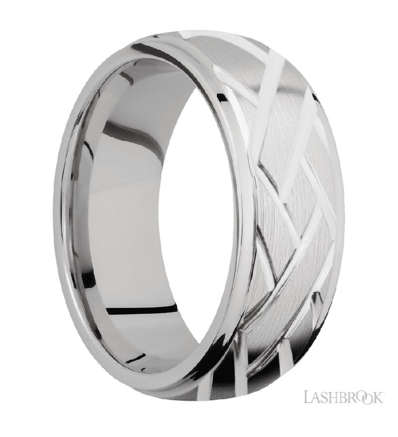 8 mm wide/Domed Stepped Down Edges/14K White Gold band with a machined Lattice pattern.