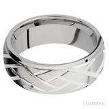8 mm wide/Domed Stepped Down Edges/14K White Gold band with a machined Lattice pattern.