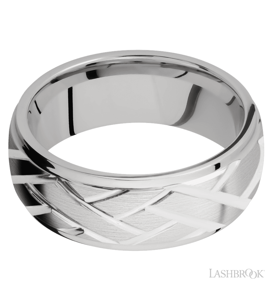 8 mm wide/Domed Stepped Down Edges/14K White Gold band with a machined Lattice pattern.