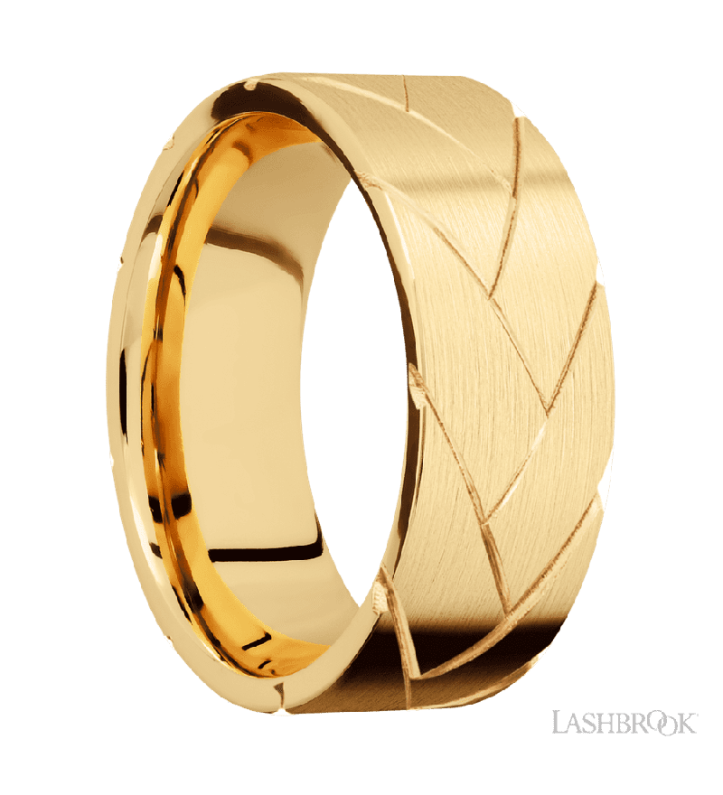 8 mm wide/Flat/14K Yellow Gold band with a machined Flatbraid pattern.