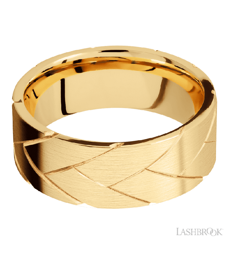 8 mm wide/Flat/14K Yellow Gold band with a machined Flatbraid pattern.