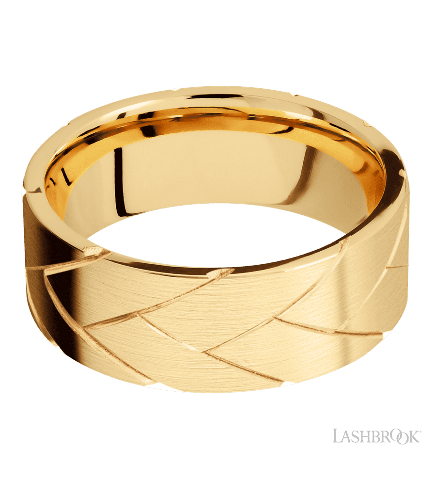 8 mm wide/Flat/14K Yellow Gold band with a machined Flatbraid pattern.
