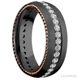 7 mm wide/Domed/Zirconium band with  two 1 mm Sidebraid inlays of 14K Rose Gold and featuring an Eternity arrangement of .03 carat Round Lab Grown Diamond stones in a Bead setting