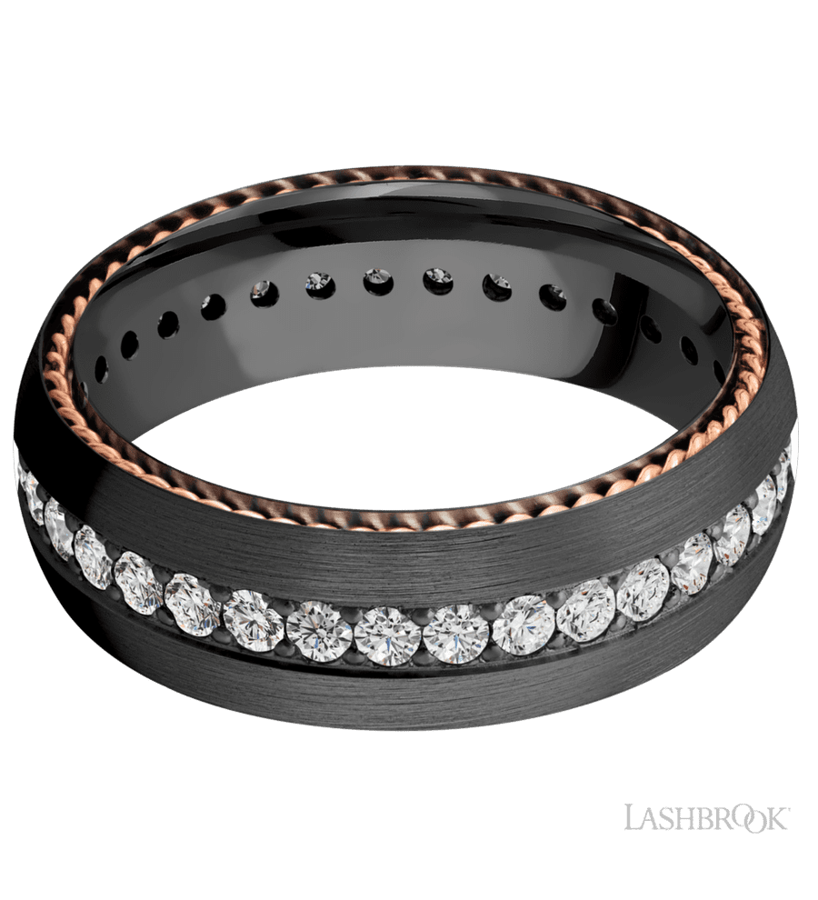 7 mm wide/Domed/Zirconium band with  two 1 mm Sidebraid inlays of 14K Rose Gold and featuring an Eternity arrangement of .03 carat Round Lab Grown Diamond stones in a Bead setting