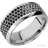 9 mm wide/High Bevel/14K White Gold band with a 4 Row Half Eternity arrangement of .015 carat Round Black Diamond stones in a Bead Channel setting.