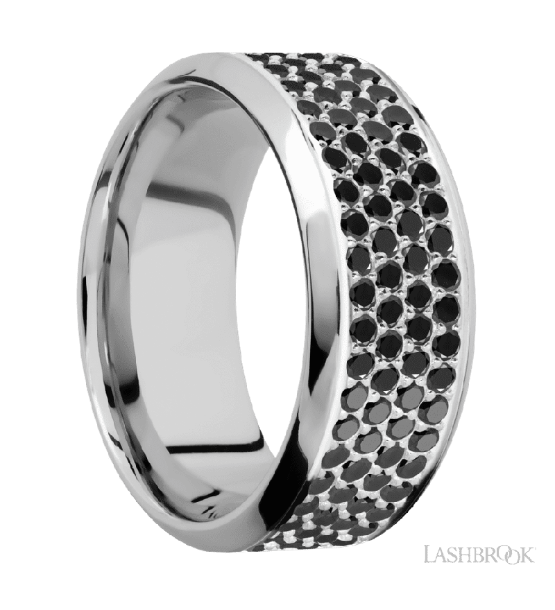 9 mm wide/High Bevel/14K White Gold band with a 4 Row Half Eternity arrangement of .015 carat Round Black Diamond stones in a Bead Channel setting.