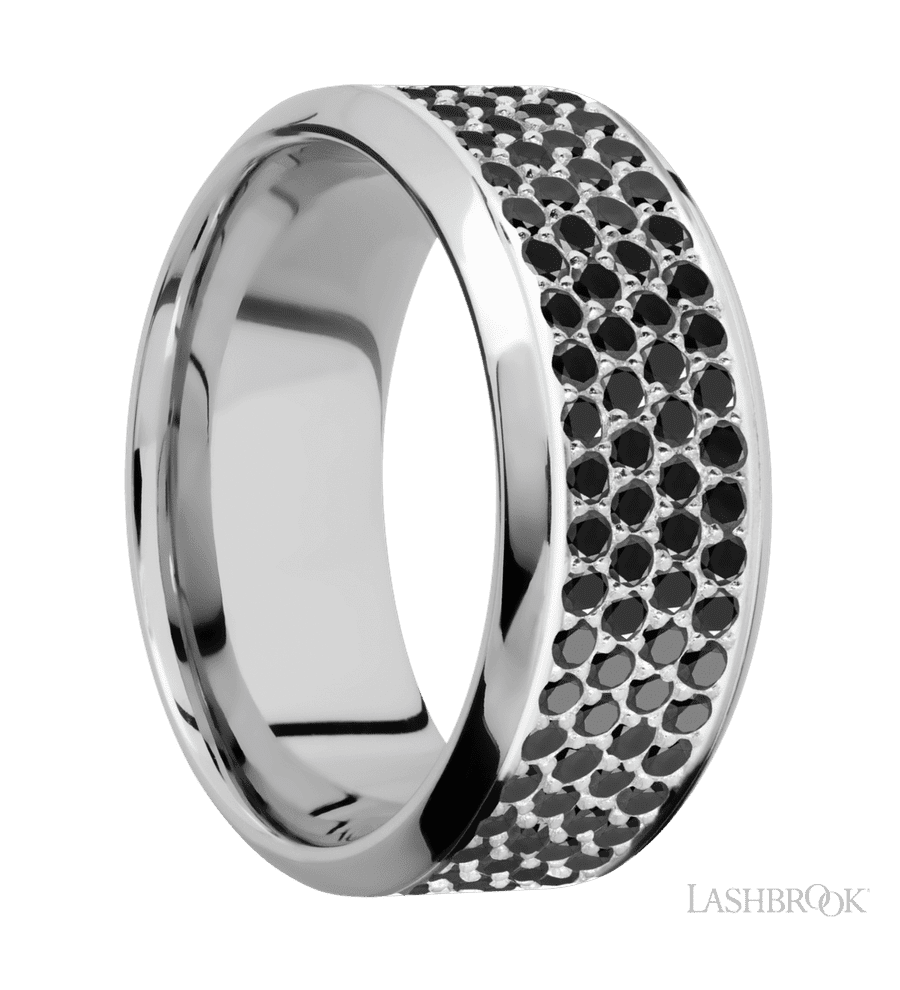 9 mm wide/High Bevel/14K White Gold band with a 4 Row Half Eternity arrangement of .015 carat Round Black Diamond stones in a Bead Channel setting.