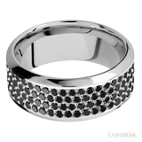 9 mm wide/High Bevel/14K White Gold band with a 4 Row Half Eternity arrangement of .015 carat Round Black Diamond stones in a Bead Channel setting.