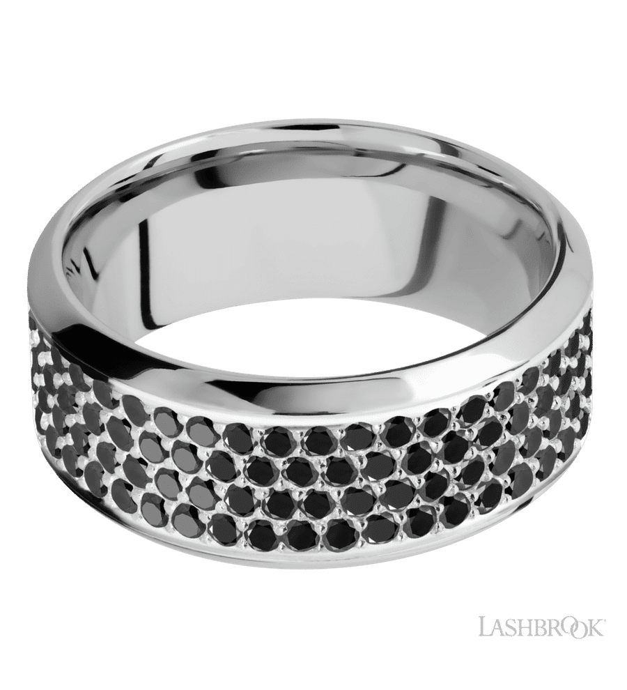 9 mm wide/High Bevel/14K White Gold band with a 4 Row Half Eternity arrangement of .015 carat Round Black Diamond stones in a Bead Channel setting.