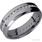 7 mm wide/High Bevel/Tantalum band with an Eternity arrangement of .03 carat Round Lab Grown Diamond stones in a Channel setting.