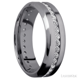 7 mm wide/High Bevel/Tantalum band with an Eternity arrangement of .03 carat Round Lab Grown Diamond stones in a Channel setting.
