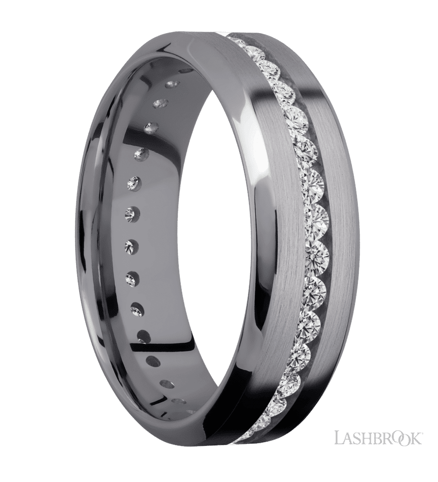 7 mm wide/High Bevel/Tantalum band with an Eternity arrangement of .03 carat Round Lab Grown Diamond stones in a Channel setting.