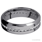 7 mm wide/High Bevel/Tantalum band with an Eternity arrangement of .03 carat Round Lab Grown Diamond stones in a Channel setting.