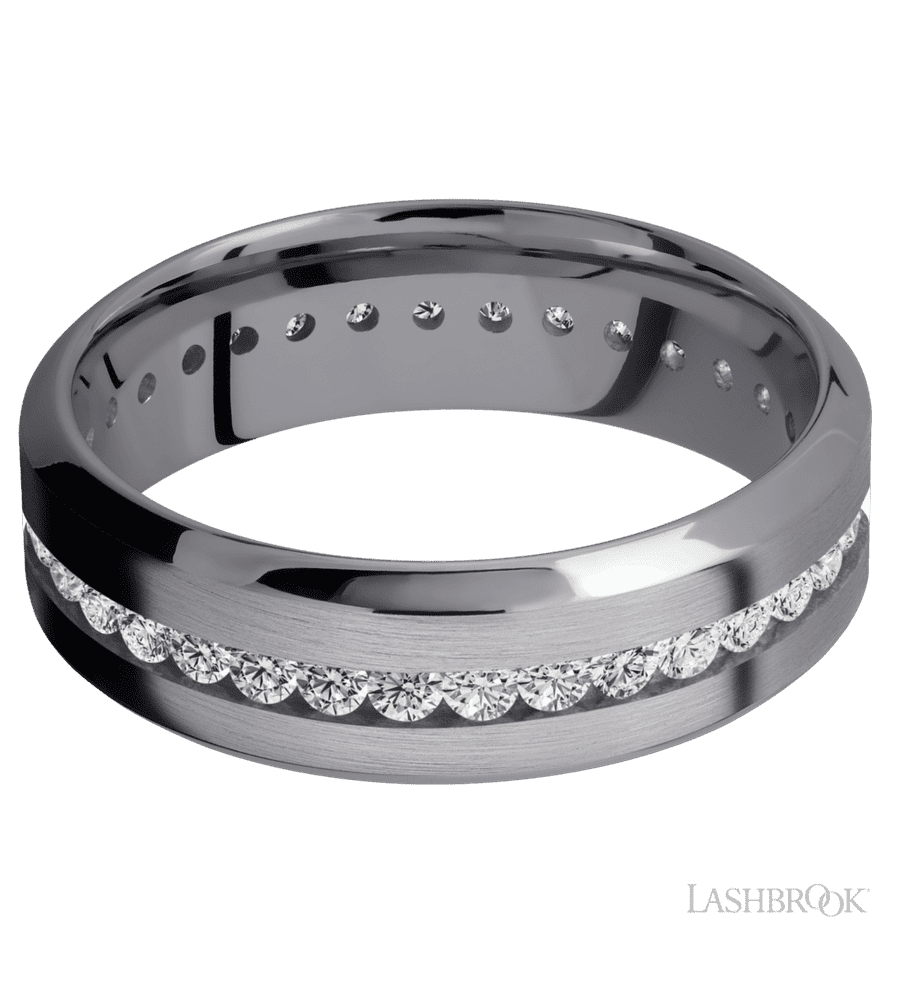 7 mm wide/High Bevel/Tantalum band with an Eternity arrangement of .03 carat Round Lab Grown Diamond stones in a Channel setting.