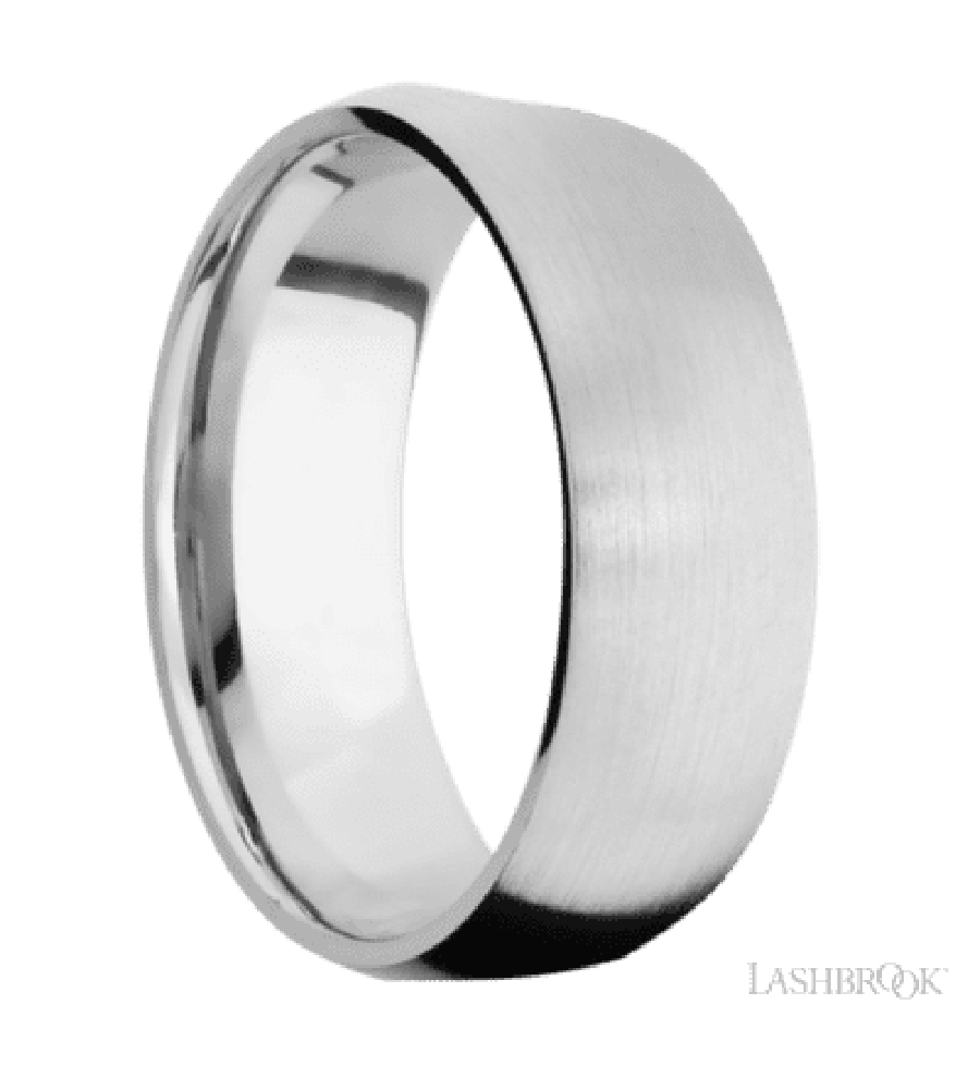 8 mm wide/Domed/14K White Gold band with  two 1 mm Sidebraid inlays of 14K White Gold and featuring a 3 Row Eternity arrangement of .015 carat Round Diamond stones in a Bead Channel setting