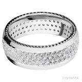 8 mm wide/Domed/14K White Gold band with  two 1 mm Sidebraid inlays of 14K White Gold and featuring a 3 Row Eternity arrangement of .015 carat Round Diamond stones in a Bead Channel setting