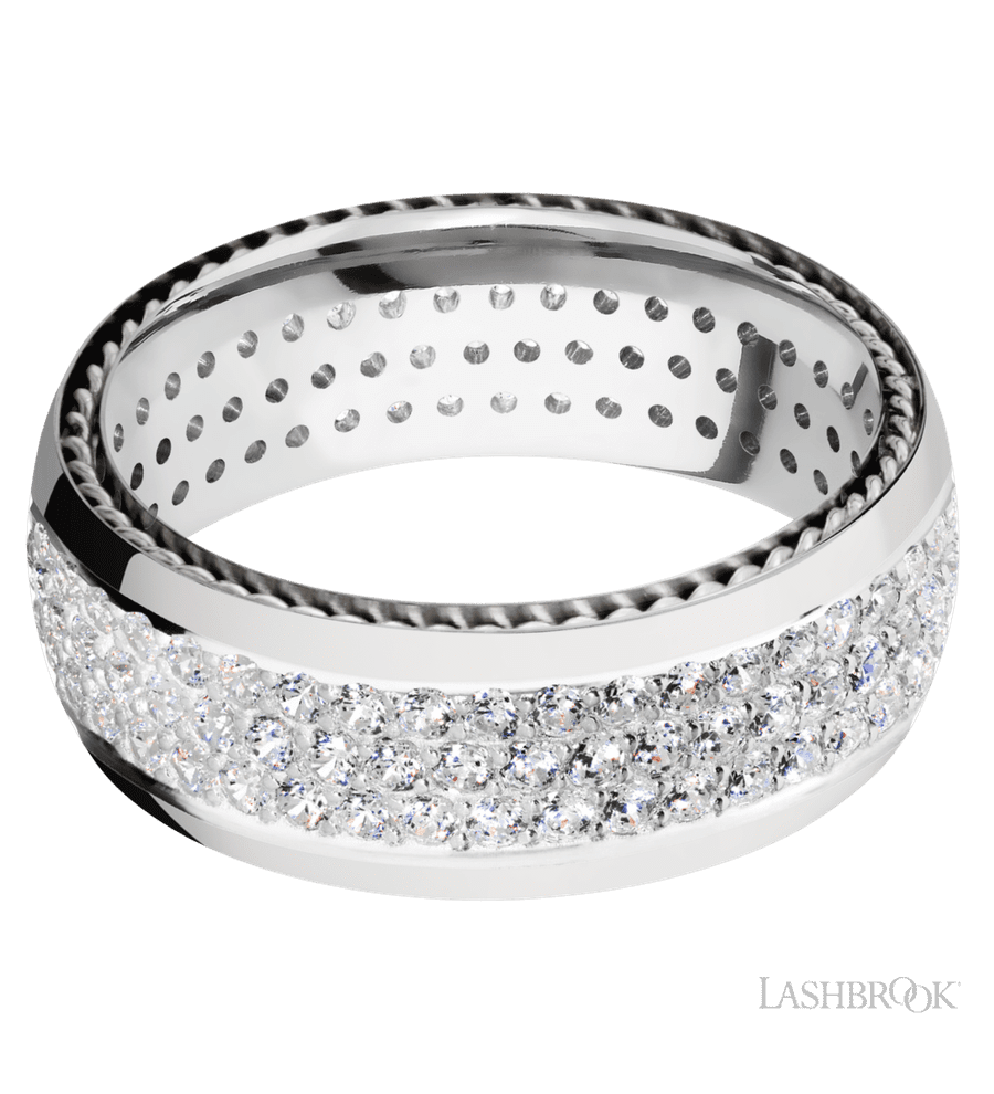 8 mm wide/Domed/14K White Gold band with  two 1 mm Sidebraid inlays of 14K White Gold and featuring a 3 Row Eternity arrangement of .015 carat Round Diamond stones in a Bead Channel setting